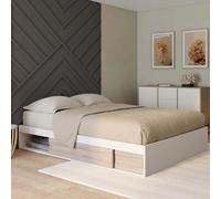 Cadre de lit double salem avec rangements et sommier 140 x 190 cm blanc et façon hêtre