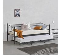 Cadre de Lit Gigogne en Métal Lits Simples Hauteur Ajustable pour Second Couchage Acier Laqué 90 x 200 cm Noir Mat
