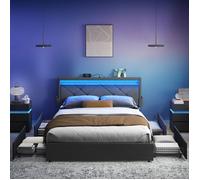 Cadre de Lit, Lit Coffre 160 x 200 cm, avec LED, 4 Tiroirs, Multiprise, Tête de Lit Rembourrée Ajustable, Gris Ardoise et Noir Mat