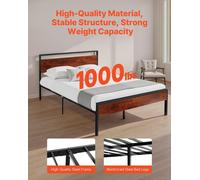 Cadre de lit queen size, cadre de lit plateforme en métal noir de 35 cm avec tête et pied de lit en bois brun rétro, grand espace de rangement sous le lit, antidérapant et silencieux, ne nécessite pas