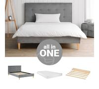 Cadre de lit rembourré 140x200 cm matelas double sommier tissu gris Homestyle4u