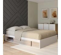 IDMarket - Cadre de lit Double Salem avec rangements et sommier 140 x 190 cm Blanc et façon hêtre