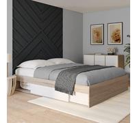 IDMarket Cadre de lit SALEM avec rangements et sommier 160 x 200 cm effet bois et blanc