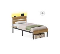 Cadre de Lit Simple, 90 x 190 cm, Cadre en Métal, Éclairage LED, Port USB et TYPE-C, Marron