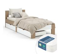 Cadre de Lit simple bois 90x200 matelas à ressort tiroirs brun blanc Homestyle4u
