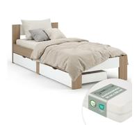 Cadre de Lit simple en bois 90x200 avec matelas tiroirs marron blanc Homestyle4u