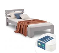 Homestyle4u Lit en bois 90 x 200 cm avec matelas et sommier à lattes, gris | Cadre de lit simple en bois massif pour adolescent