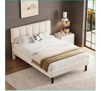Cadre de Lit - Structure en Sherpa Beige avec Pieds en Fer &amp Latte de Support - 140x190 cm