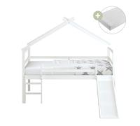 Sunny River Lit Cabane Avec Toboggan, En Bois, Blanc | Lit Pour Enfant Mi-Haut - Matelas Hybride 90X200 Inclus - Lit Montessori | Dimensions Totales: 213 X 186 X 183 Cm (Toboggan Compris)