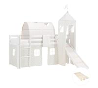 Homestyle4u Lit mezzanine 90x200 cm – Pin, toboggan, tour, sommier à lattes, rideau étoilé gris