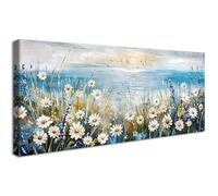 Cadre en Bois Impression sur Toile Peinture Lever de Soleil Fleurs en Bord de Mer Tableau Affiche Océan Bleu Mer de Florale Image sur Toile Grandes Tableau Decoration Murale Salon Chambre 50x120cm