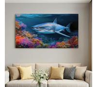Cadre en Bois Impression sur Toile Surréalisme Tableau Affiche Decoration Murale Image sur Toile Animal Grand requin blanc Tableau Decoration Murale Salon Chambre à coucher Couloir 90L x 60W cm