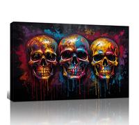 Cadre en Bois Millésimé Coloré Graffiti Crâne Impression Sur Toile, Grande Moderne Abstrait Squelette Art Mural Peintures RougeTableau Decoration Murale Salon Chambre Prêt à Suspendre 60x90CM