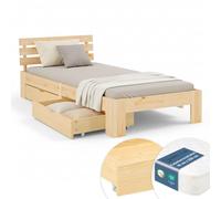 Cadre Lit Simple 90x200 bois avec matelas à ressorts et 2 tiroirs - Homestyle4u