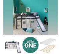 Lits superposé 90x200 cm Gris avec Toboggan Matelas Lit mezzanine en Bois Pin Massif Rideau Étoilés Sommier à lattes