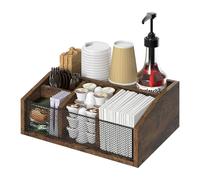 CADUKE Organisateur de station de café en bois rustique brun à 5 compartiments pour le bureau - parfait pour les serviettes, le sucre, les accessoires de thé, les dosettes de café