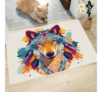 CAEITLRSO Aquarelle Animal Tapis Entree Interieur Antidérapant Lavable en Machine, Loup Portrait, 60x90cm Paillasson Chambre Interieur Bureau Cuisine Poil Ras, Bleu Orange