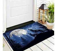CAEITLRSO Paillasson Lavable Nuit De Pleine Lune Forêt De Pins, Tapis d’entrée Motif Deux Loups Hurlements, 40x60cm, antidérapant, résistant, intérieur, extérieur, Bleu Foncé