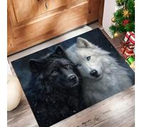 CAEITLRSO Paillasson Portraits Réalistes Animaux 45x75cm, Antidérapant Tapis Interieur Entrée, Absorbant Lavable, Fin Tapis de Sol pour Couloir, Cuisine, Chien, Loups Sauvages Doubles, Noir Et Blanc