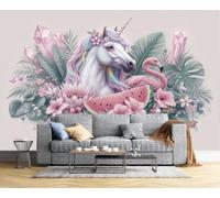 CAEITLRSO papier peint Art panoramique, Papier peint Soie Fleurs D'Été Tropicales, 400x280cm Mur XXL Muraux Tapisserie Photo Décoration Murale Salon Chambre, Licorne Flamant Rose Pastèque, Rose Vert
