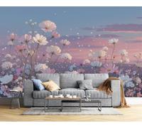 CAEITLRSO papier peint Art panoramique, Papier peint Soie Jardin De Rêve Magnifique, 400x280cm Mur XXL Muraux Tapisserie Photo Décoration Murale Salon Chambre, Coucher De Soleil Cosmos Mer De Fleurs