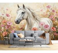 CAEITLRSO papier peint Art panoramique, Papier peint Soie Peintures À L'Huile Impressionnistes, 350x256cm Mur XXL Muraux Tapisserie Photo Décoration Murale Salon Chambre, Cheval Blanc Cosmos Fleurs