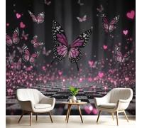 CAEITLRSO Papier peint Art panoramique, Papier peint Soie Style Rétro Doux Et Cool, 350x256cm Mur XXL Muraux Tapisserie Photo Décoration Murale Salon Chambre, Papillon Cœur Échiquier, Noir Violet