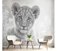 CAEITLRSO Papier Peint Panoramique Mignon Animal 350x256cm, Prairie Lion Papier peint photo soie, Gris Murales Poster soie - pour Salon Chambre à Coucher Décor Fond TV