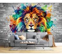 CAEITLRSO Papier Peint Soie Faune Art Pop, 350x256cm Papier Peint Panoramique Grandes poster Mural Photo pour Salon, Chambre, Décor Fond TV, Éclaboussures D'Encre Lion, Jaune Vert