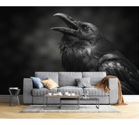 CAEITLRSO Papier Peint Soie Gros Plan Sombre Animal, 250x175cm Papier Peint Panoramique Grandes poster Mural Photo pour Salon, Chambre, Décor Fond TV, Corbeau Regardant Vers Le Haut, Noir Charbon