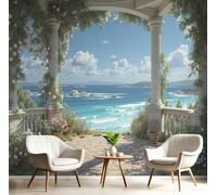 CAEITLRSO Papier Peint Style Méditerranéen, 3D Panoramique Papier Peint Terrasse En Bord De Mer Jardin, Papier Mural Decoratif Pour Salon, Chambre, Tapisserie Murales, Décoration Murale 400x280cm