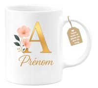 Café-Croissant - Mug Initiale Prénom Personnalisé Femme - Tasse Originale | Fleurs | Cadeau Ado Fille | Tasse à Thé Café Personnalisable Texte Lettre