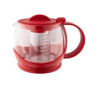 Café Olé Shut Off Théière, rouge, 1200 ml /4-6 tasses, corps en verre transparent, boîtier en plastique, théière avec panier infuseur, passoire à feuilles de thé, lavable au lave-vaisselle