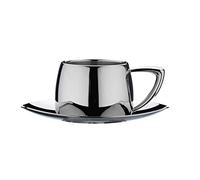 Café Stål Art Deco Ensemble Tasse et Soucoupe pour Thé & Café en Acier Inoxydable 18/10, Finition Miroir, Argenté.