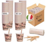 Caffetti Lot de 1000 gobelets à café + 1000 palettines, 90 ml 3 oz en papier, fabriqués en Italie, palettes en bois de bouleau recyclables, pour restaurants, bureau, à emporter, bar, expresso