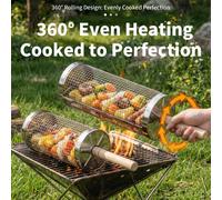 Cage à barbecue rotative avec poignée en bois, panier de grillade extérieur, matériau en acier inoxydable, facile à nettoyer, comprend la cage à barbecue, le crochet de transport et la fourchette de n