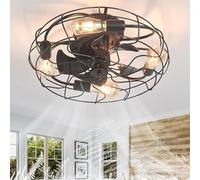 Cage Ventilateur de Plafond avec Lumiere E27 50CM Télécommande - Lustre Ancien Fer 6 Vitesses DC Silencieux Réversible Noir - App Lampe Industriel pour Cuisine