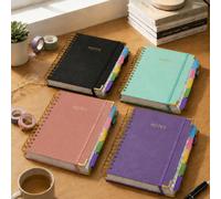 Cahier à feuilles mobiles A5 relié par double spirale de 300 pages, 5 pages de séparation + étiquettes inscriptibles, couverture rigide en PU, papier résistant à l'encre de 100 g/m², avec porte-stylo 