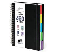 Cahier à spirales A5, 360 pages, ligné, style collège, 5 compartiments, 100 g/m², couleur noire