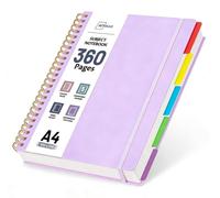 Cahier à spirales format A4, 360 pages, ligné, avec 5 compartiments, grammage 100 GSM, couleur violet, avec intercalaires