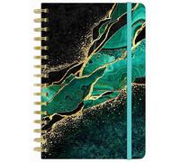 Cahier à spirales format A5, 160 pages, couverture rigide imitation marbre, ligné, dimensions 14,5 x 21,3 cm, couleur vert et or