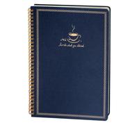 Cahier à spirales format B5, ligné, 160 pages, couverture en tissu avec motif de tasses de café dorées, couleur bleue
