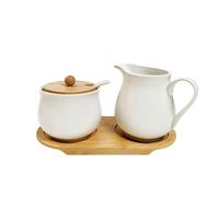 CAIEJSAEN Ensemble de lait et de sucre avec couvercle et cuillère, pot à lait en porcelaine et sucrier avec plateau en bois, passe au micro-ondes et au lave-vaisselle, blanc