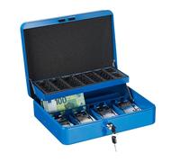 Caisse à monnaie Relaxdays verrouillable, plateau de comptage de pièces et 4 compartiments à billets, caisse en fer, H x l x P : 8,5 x 30,5 x 24,5 cm, bleu