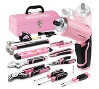 Caisse a Outils Complete Rose 73 Pieces avec Tournevis sans Fil 3,7 V WORKPRO, Boite a Outils Complete avec Boite en Fer Portable, Mallette a Outils pour Reparation Dommestique ou de Travail