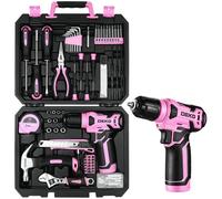 Caisse à outils DEKO 8V 126 pièces - Perceuse-visseuse sans fil, mallette rose