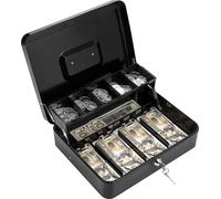 Caisse métallique - Modèle 241215-05 - Pinces à billets à ressort - Compartiment à monnaie rabattable avec 5 compartiments - Serrure mécanique robuste avec clé - Noir
