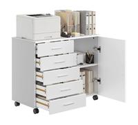 Caisson de Bureau à Roulettes, Support pour Imprimante, avec 5 Tiroirs, 2 Étagères, Rails Coulissants, Blanc