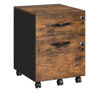 Caisson de Bureau à Roulettes, Verrouillable, avec 2 Tiroirs, 5 Roulettes, Barre de Suspension Réglables, Marron Rustique et Noir