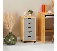 Caisson de bureau LAGOS meuble de rangement sur roulettes avec 5 tiroirs, en pin massif finition vernis naturel et lasuré gris
